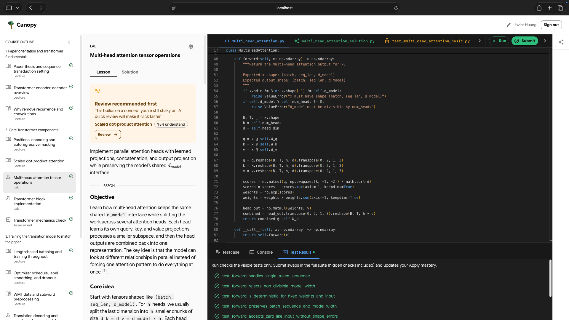 A Canopy coding lab: the course outline, lesson instructions, a Python editor with multi-head attention code, and a passing test run