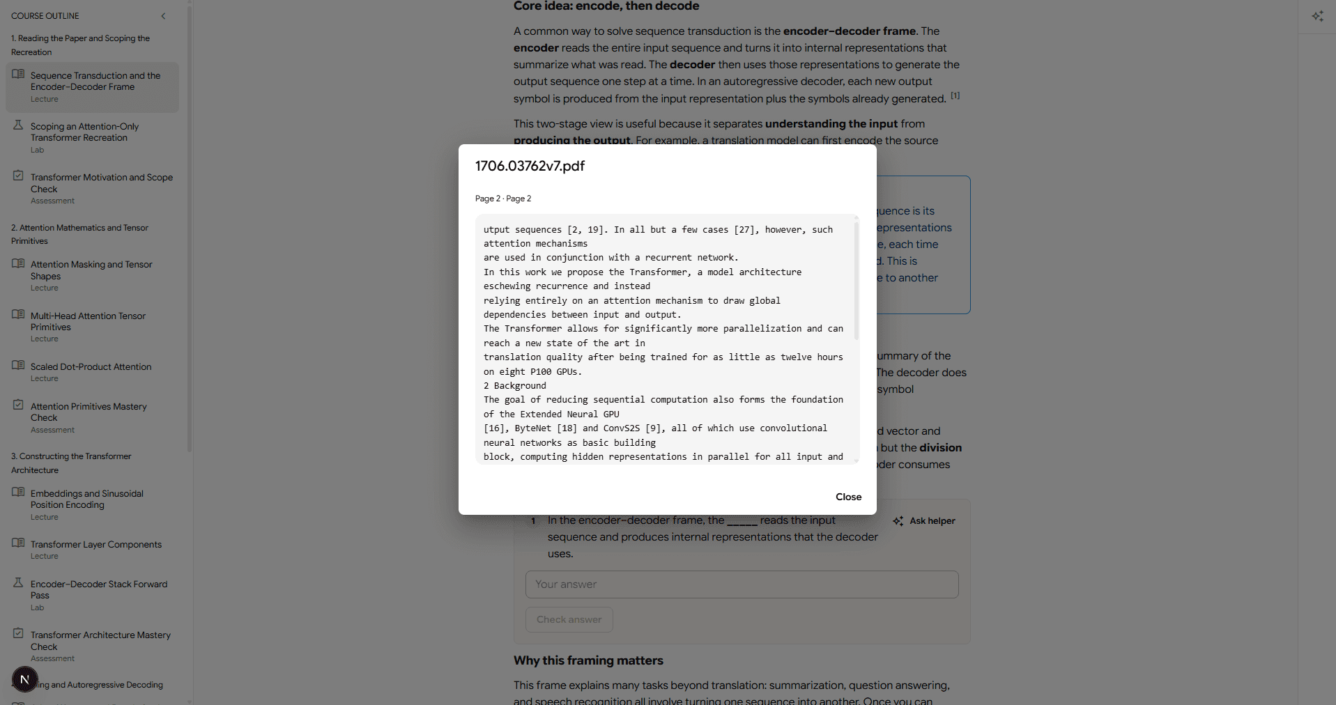 A Canopy lesson with a citation dialog open to the exact excerpt from the uploaded source PDF